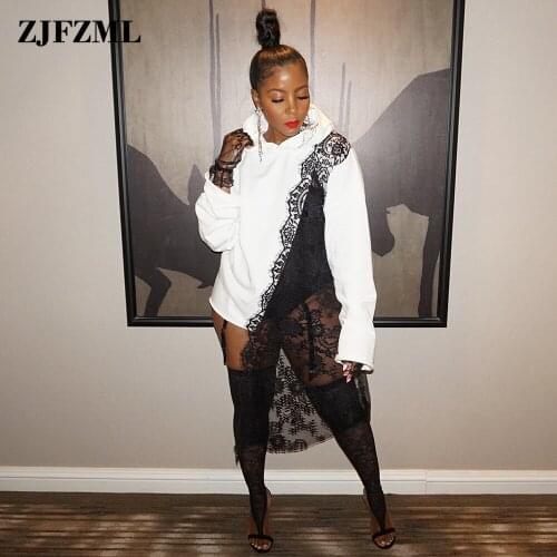 Black Lace Patchwork See Through Irregular Top Women Hooded Long Sleeve Hoodie & Sweatshirt Spring Autumn Fashion Pullovers