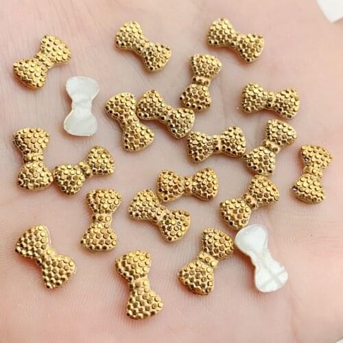 DIY 100pcs 7mm*12mm AB Resin mini Gold Bow Flatback Rhinestone Wedding Buttons Craft Nail art design -HW021