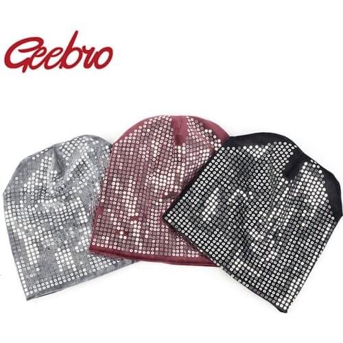 Geebro Spring Winter Adult Thick Velvet Sequin Handmade for women Warm hat Beanies Skullies Female Slouchy Beanie Cap