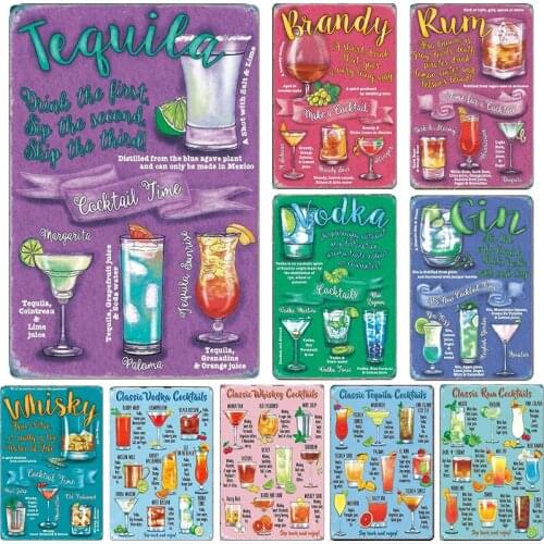 Classic Tequila Brandy Rum Vodka Gin Whiskey Cocktails Retro Vintage Signs Decoration Pub Bar Decor Metal Plate Poster Tin Sign