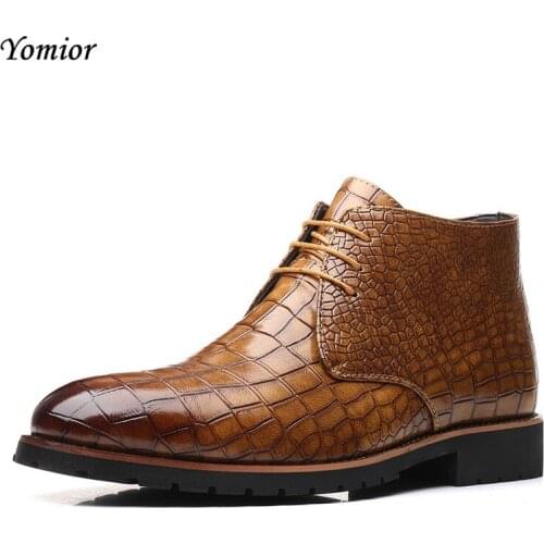 Yomior New Western Pointed Toe Men Shoes Vintage Casual Leather Ankle Boots Lace-Up Crocodile Pattern Men Dress Fashion Boots
