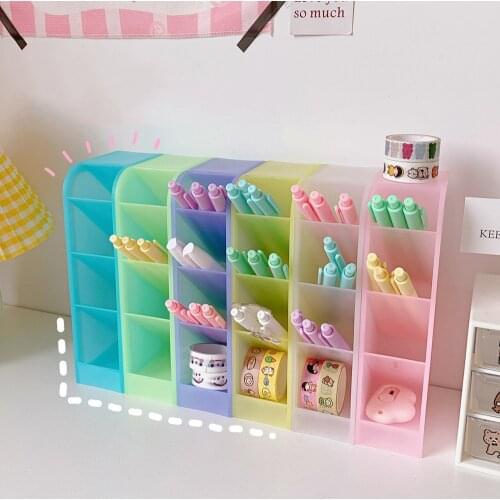 MINKYS Kawaii Macaroon Color 4 Gird Desktop Organizer Pen Holder Desk Makeups Pencil Storage Box School Office Stationery