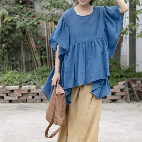 NINI WONDERLAND 2021 Summer Soft Cotton Comfortable Petal Short Sleeve Irregular T Shirt Women Blue Loose Casual Tops Big Size