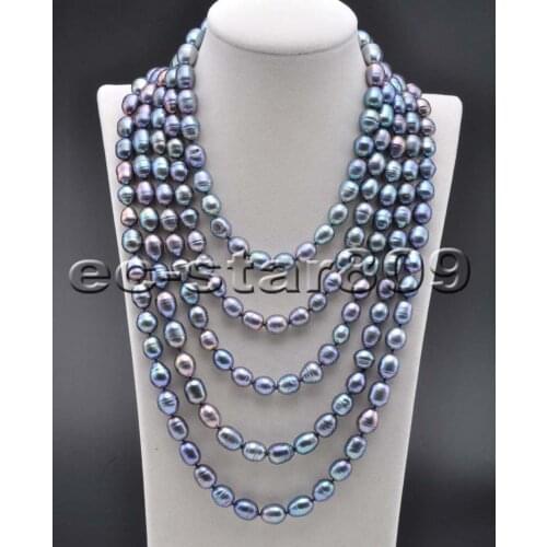 P6204 Long 100" 13mm Peacock-Black Rice Freshwater Cultured Pearl Necklace Women Fashion Jewelry