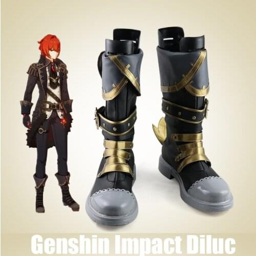 Game Genshin Impact Cosplay Diluc The Dark Side of Dawn Darknight Hero Cosplay Shoes Cosplay Boots Wig
