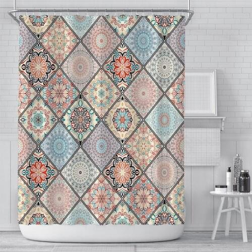 Nordic grid diamond mosaic bathroom curtain Bohemian customizable digital printing polyester waterproof shower curtain