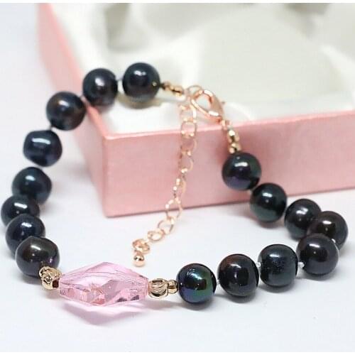 Special charms 9-10mm natural freshwater pearl beads diy bracelet pink crystal fashion party jewelry B1404
