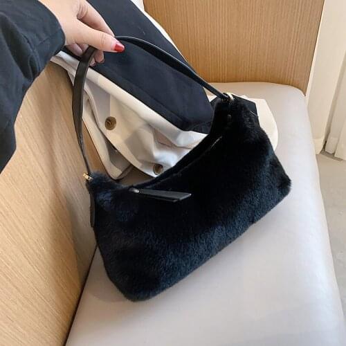 Black Faux Fur Small Soft Crossbody Bags for Women 2020 Winter Trend Shoulder Handbags Womens Luxury Warm Underarm Bag