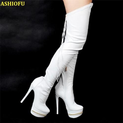 ASHIOFU New Handmade Women Thigh High Boots Night-club Party High Heel Boots Sexy Platform Evening Fashion Long Boots Shoes