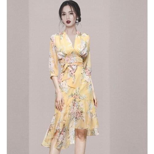 High-end Summer Casual Floral Print Blouse Shirt Top&Bow Lace-up Irregular Midi Skirt Women 2 Pieces Set Slim Office Work Suits
