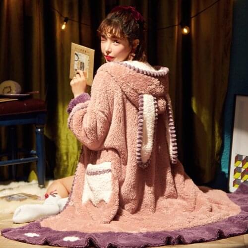 Winter Nightgown Women Flannel Soft Rabbit Ears Cute Pyjamas Night skirt Sleepwear Warm Girl Thicken Cartoon Bathrobe Plus Size