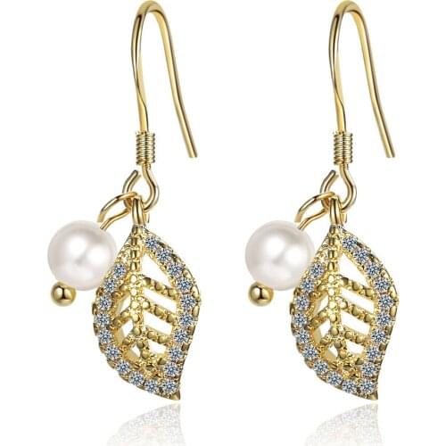 Gold Color Leaf Zircon Pearl Earrings Womens Jewelry Trendy Silver Plated Earrings Femininity Simple Accessories Birthday Gift