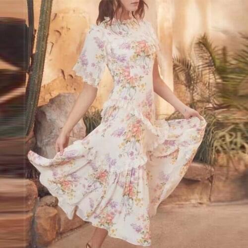 2021 Summer Designer Fashion Dress Women V-Neck Lace Flowers Printed Elegant High Quality Dresses