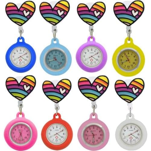 Colourful Rainbow Love Heart Shape Nurse Doctor Hospital Retractable Clips Pocket Hang Watches Medical Gifts Clock Watch
