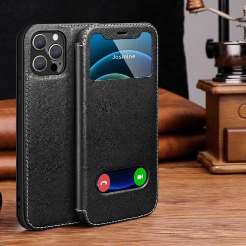 Genuine Leather Case For Iphone 12 Pro Case For 12Pro Max Cover Window View Etui Coque For Iphone 12 Mini Cases Magnetic Fundas