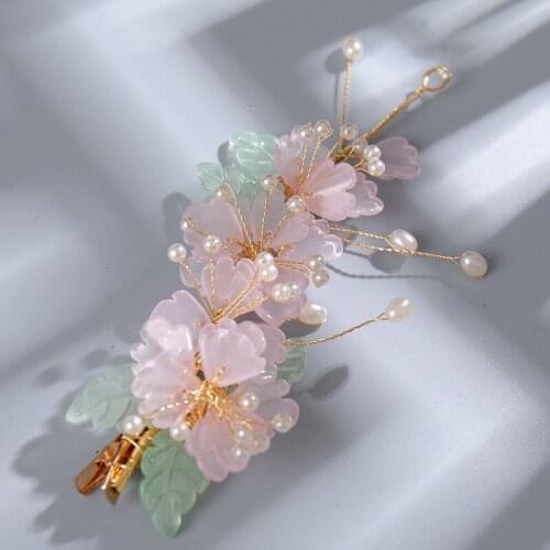 Flower Pearl Side Clip Chinese Style Cute Vintage Headdress Hanfu Clothing Accessories for Little Girls BN