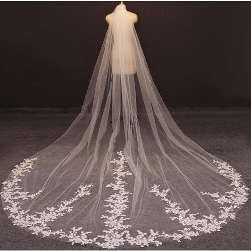 Long Lace Wedding Veil One Layer White Ivory 3.5 Meters Bridal Veil Voile Mariage Cathedral Veil with Comb 2020