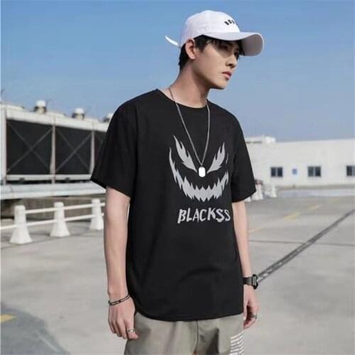 Black Reflective T Shirt Streetwear Men Oversized T-Shirt Japan Harajuku Devil Tshirt Summer High Street Half Sleeve Tops