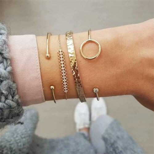 HOCOLE Fashion Punk Gold Color Crystal Open Bracelet Set Women Hand Cuff Link Chain Charm Bracelets Bangles Female Party Jewelry