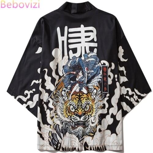 17 Style Tiger Print Black and Men Women Harajuku Japanese Fashion Kimono Cardigan Blouse Haori Obi Asian Clothes Samurai