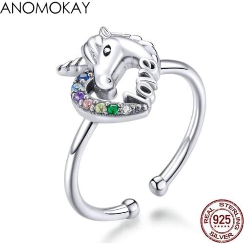 Anomokay Colorful Rainbow CZ Fantesy Licorne Finger Rings 925 Sterling Silver Adjustable Resizable Ring Love Design Jewelry