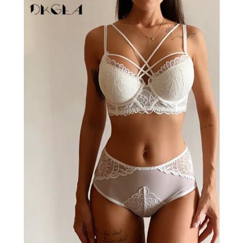 NEW Brand Sexy Underwear Set White Bras Gather Cotton Thick Brassiere Lace Embroidery Lingerie Set Women Deep V Push Up Bra Sets