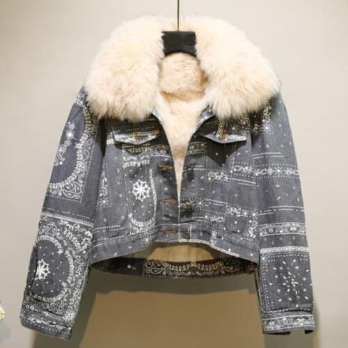 Korean loose casual cotton padded jacket female denim parka autumn winter fashion printing spliced fur thick jean coat for women