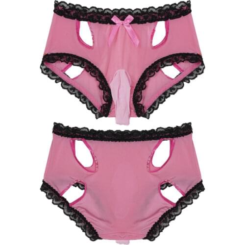 Mens Panties Sexy Lingerie Hollow Out Lace Trim Briefs Low Waist Elastic Waistband Bulge Pouch Underpants Sissy Gay Underwear