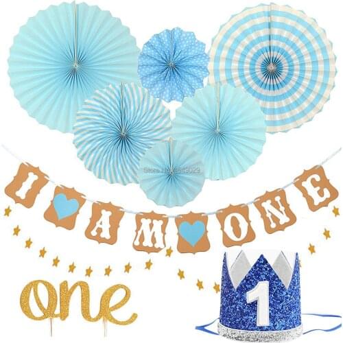FIRST BIRTHDAY DECORATION SET FOR BOY- 1st Baby Boy Birthday Party Blue Hat Crown I AM ONE Banner Gold Blue Hanging Paper Fan