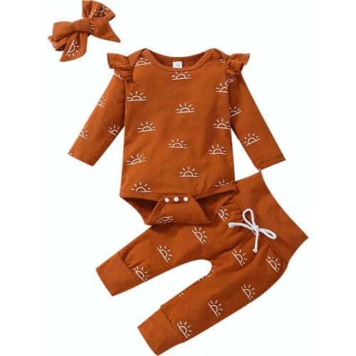 New 3 Pcs Sun Print Outfits, Toddler Fly Sleeve Round Neck Playsuit + Trousers with Drawstring + Bow Headband