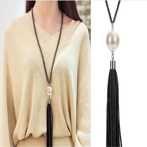 New Women Charm Imitation Pearl Pendant Beads Leather Tassels Big Pendant Long Chain Sweater Necklace Jewelry Accessories