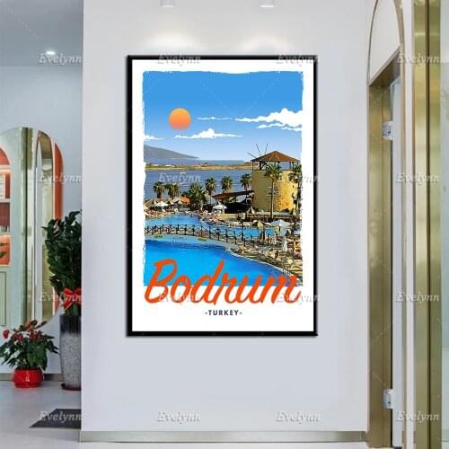 Retro Vintage Style Travel Poster Bodrum Turkey Oil Painting Posters and Prints on Canvas Wall Art Modular Pictures Home Decor