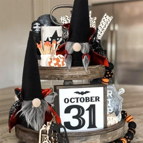 Q0KF Halloween Gnomes Plush Decor Handmade Tomte Swedish Gnome Ornaments with Witch Cloak Hat Table Decoration