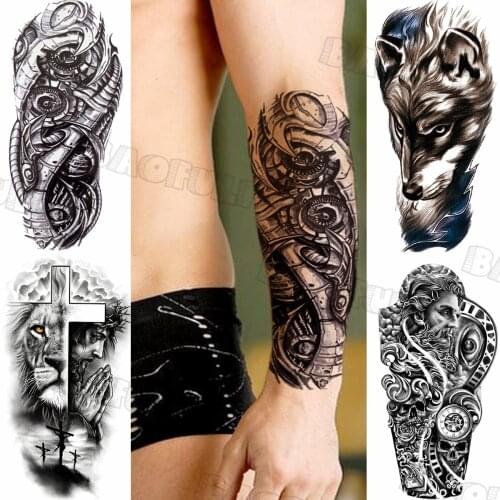 Realistic Black Robotic Arm Temporary Tattoos For Men Adult Wolf Tribal Cross Fake Tattoo Sticker 3D Half Sleeve Tatoos Forearm