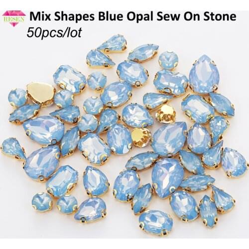 RESEN 50PCS Mix Shapes Mix Sizes Blue Opal Resin Sew On Stones With Gold Bottom Claw Rhinestones For DIY Clothing Accessories
