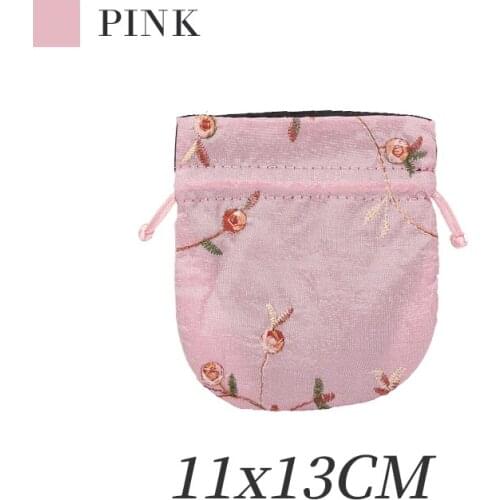 Pink Brocade Drawstring Flower Embroidery Jewelry Display Bags For Femal Ring Earring Pendent Bracelet Showcase Jewellery Holder