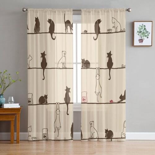 Cat Rope Mouse Sheer Curtains for Living Room Bedroom Kitchen Tulle for Windows Voile Drapes Home Decoration