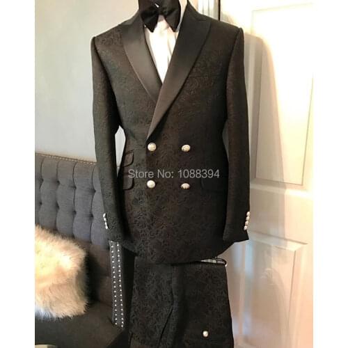 New Brand Tuxedo 2019 Black Patterns Peaked Lapel Slim Fit Double Breasted Suits Groomsmen Wedding Suits For Men Bridegroom