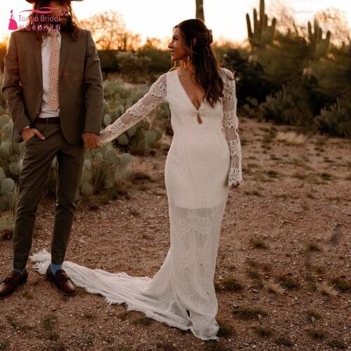 Long Sleeve Lace Wedding Dresses Sexy Backless Mermaid Boho Bridal Gowns Elegant Vestido De Noivas ZW386