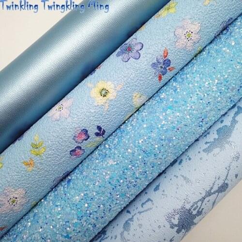 BLUE Glitter Fabric, Flowers Faux Fabric, Metallic Synthetic Leather Fabric Sheets For Bow A4 21x29CM Twinkling Ming XM923