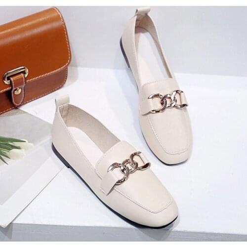 Womens Flat Shoes Ladies Fashion Loafers Square Toe Soft Bottom Slip On Metal Chain Women Casual Comfortable Female Footwear
