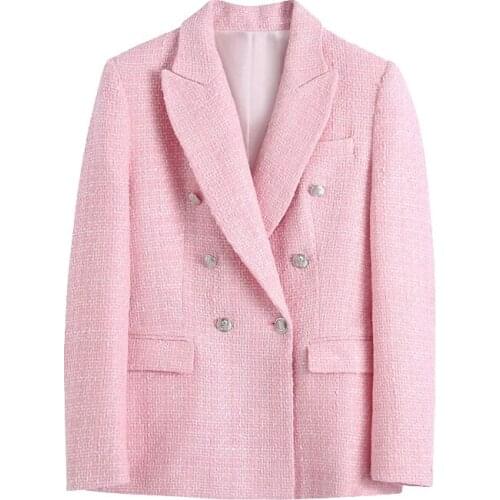 Baldauren 2021 Women Fashion Double Breasted Tweed Blazer Coat Vintage Long Sleeve Pockets Female Outerwear Chic Veste Femme