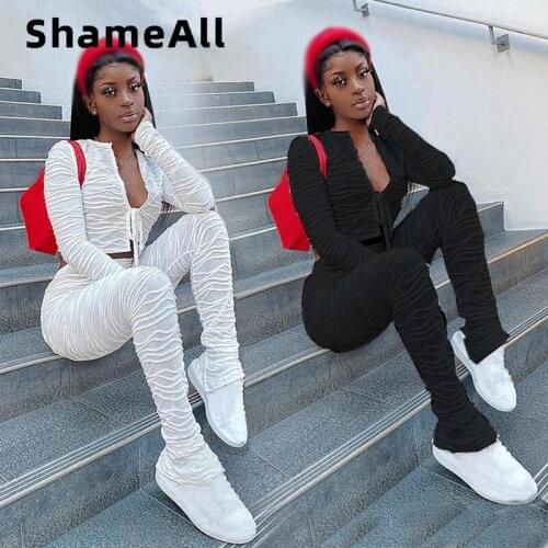 Winter Women Sport Fitness 2 Two Piece Set Outfits Long Sleeve Crop Tops Tshirt Stacked Leggings Pants Set Bodycon Tracksuit