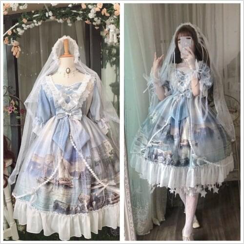 Swan Princesss Castle Womens Lolita Short/Long Sleeve Dress Big Bow Light Blue Gorgerous One Piece Cute Girl