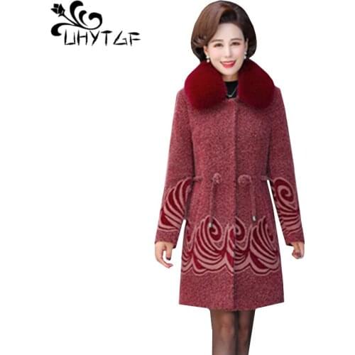 UHYTGF fur collar winter coat women Quality Mink cashmere autumn wool coat female loose Casual Plus size jacket abrigo mujer 661