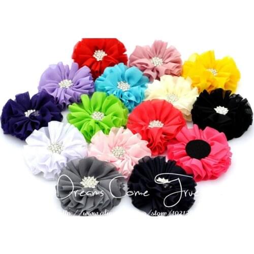 50pcs/lot 6.5CM 15Colors New Hot Fashion Chiffon Flower Accessories With Bling Snow Rhinestone Button Artificial Fabric Flowers