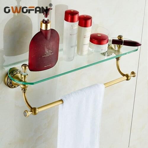 Antique Gold Glass Double Towel Racks Bathroom Shelve Carved Accessories Towel Bar Wall Mounted Towel Rail Bath Hanger DG-8315F