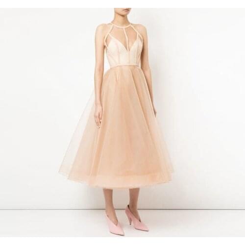 Beige Simple Sexy Women Dress Tulle A-line Tea Length Ribbon Trim Backless Dresses Plus Size Custom Made