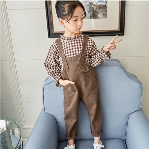 DFXD 2018 Spring Girls Clothes Fashion Baby 2pc Outfits Long Sleeve Plaid Pullover Top+Overall Toddler Kids Set Princess Suit