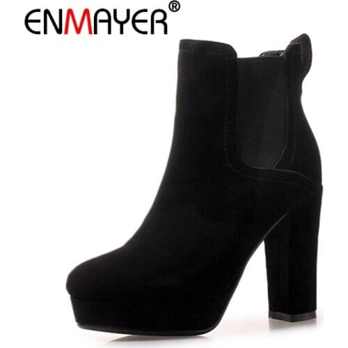 ENMAYER Woman Ankle boots High heels Winter Women Boots Cow Suede Fashion Shoes women Elastic band Thick heels Round toe CR1562